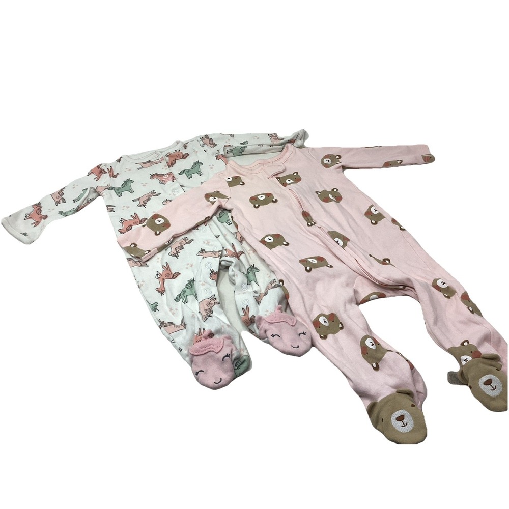 Carters Set Of 2 Footed Pajamas 6-9 Months Unicorns Teddy Bears Pink
